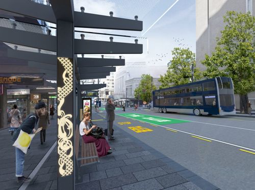 An artist's impression of new bus shelters on Wellesley Street featuring Maori design elements