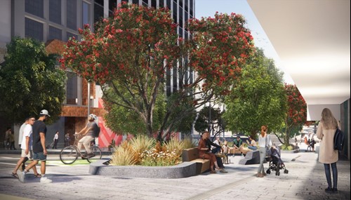 An artist's impression of Te Ha Noa on Victoria Street featuring native planting, widened footpaths and a bi-directional cycleway