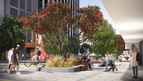 An artist's impression of Te Ha Noa on Victoria Street featuring native planting, widened footpaths and a bi-directional cycleway