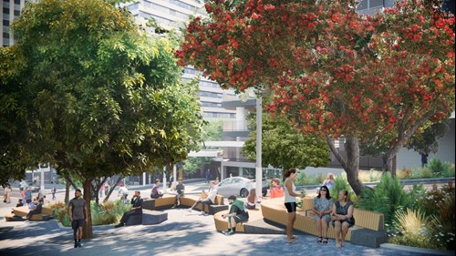 Artist's impression of Te Ha Noa on Victoria Street, featuring native planting and additional seating