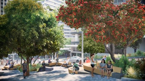 Artist's impression of Te Ha Noa on Victoria Street, featuring native planting and additional seating