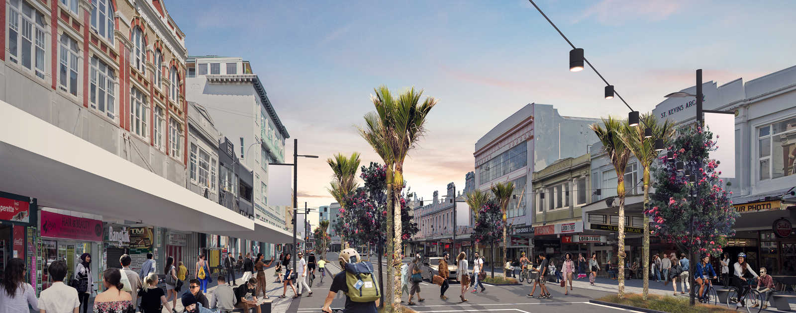 Artist’s impression of the new K-Road with cycleways and new trees.