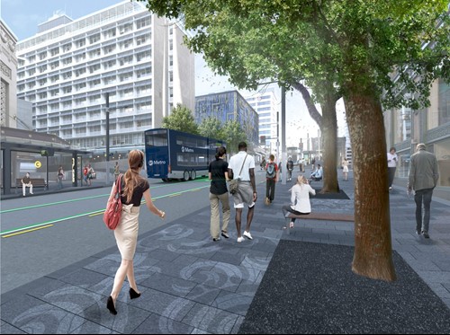 An artist's impression of bus priority and better facilities for pedestrians on Wellesley Street