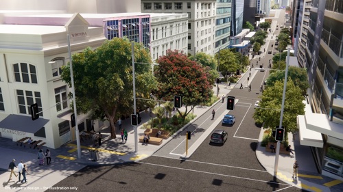 Artist's impression of Te Ha Noa on Victoria Street, looking from Albert Park