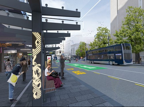 An artist's impression of new bus shelters on Wellesley Street featuring Maori design elements