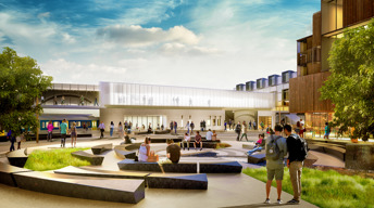 Artist’s impression of the public seating area outside the new train station.