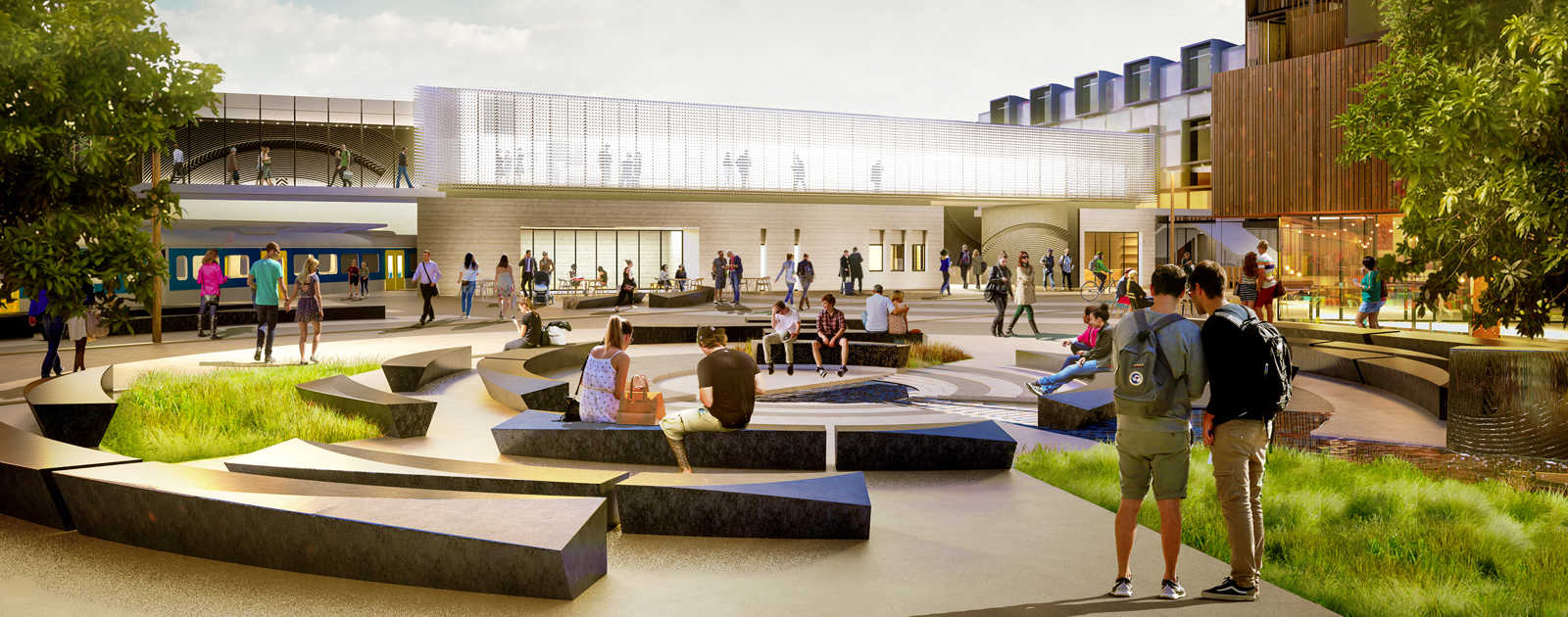 Artist’s impression of the public seating area outside the new train station.